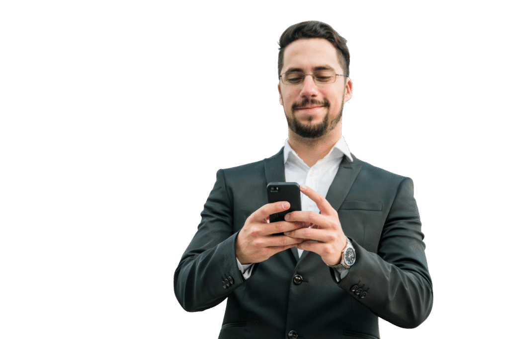 handsome businessman enjoying text messaging mobile phone photoroom