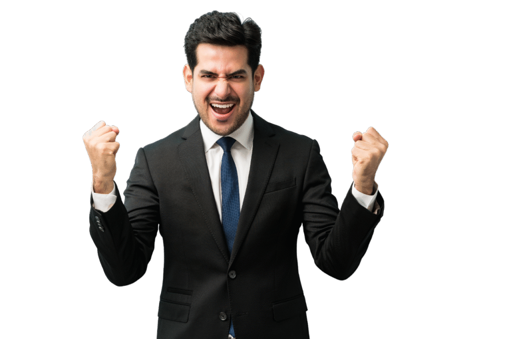 happy young businessman with clenched fist enjoying good news against colored background photoroom